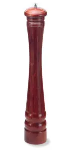 A tall, wooden pepper mill stands upright against a white background. It has a dark, polished finish with a sleek, cylindrical shape and a small metal knob on top.