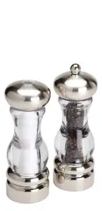 Two clear acrylic salt and pepper mills with silver tops and bases. The salt mill contains white salt crystals, and the pepper mill contains dark peppercorns. Both have a sleek, modern design.