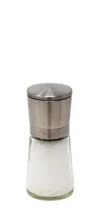 A glass salt grinder filled with coarse salt, featuring a sleek stainless steel top, against a plain white background.