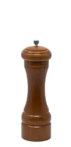 A tall, wooden pepper mill with a smooth, curved design and a metal knob on top, standing upright against a white background.