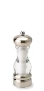 A clear glass salt grinder with metallic top and bottom, filled with coarse salt.