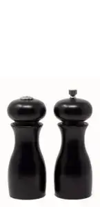 Two black, wooden mills—one pepper grinder and one salt grinder—stand side by side on a white background.
