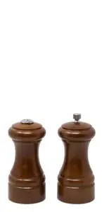 Two wooden mills, one for salt with a metal cap, and one for pepper with a metal knob, are placed side by side against a white background.