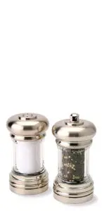 A set of stainless steel and glass salt and pepper shakers. The salt shaker is filled with white salt, and the pepper shaker contains black and white peppercorns. Both have a shiny metallic top and base.