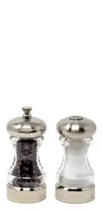 A set of salt and pepper shakers with metallic tops and clear bodies. The left shaker contains whole black peppercorns, while the right shaker is filled with white salt.