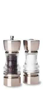 A pair of metal and glass shakers on a white background. The left shaker contains black peppercorns, and the right one is filled with white salt. Both have sleek, reflective silver tops and bases.