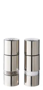 Two sleek, stainless steel salt and pepper mills stand side by side. The pepper mill on the left is filled with black peppercorns, and the salt mill on the right contains white salt. Both have a modern, cylindrical design with shiny surfaces.