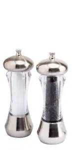 A pair of salt and pepper grinders with shiny silver tops and bases. The salt grinder contains white salt, while the pepper grinder is filled with black peppercorns. Both have clear bodies for visibility of contents.