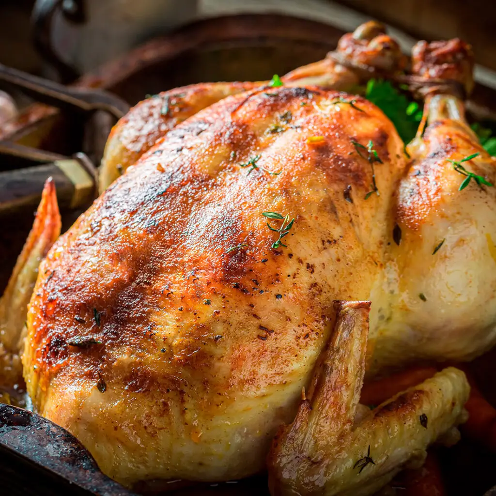 A perfectly roasted chicken, golden brown with crispy skin, garnished with herbs. It sits in a baking tray, revealing tender, juicy meat.