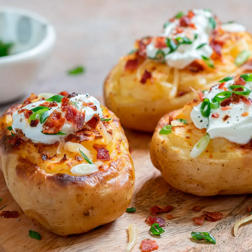 Three baked potatoes topped with melted cheese, sour cream, crispy bacon bits, and chopped green onions are on a wooden surface. A small bowl with green herbs is blurred in the background.